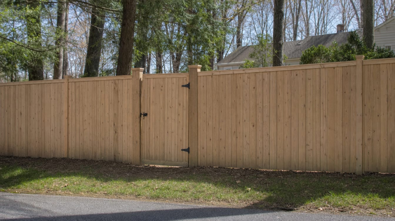 A full six foot tall wood privacy fence with a matching gate set into the run in Lewisboro, NY