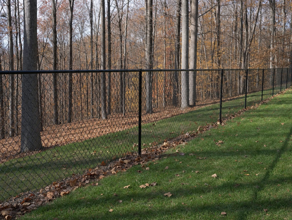 A black chain link fence running along a rear property line of a backyard in Lewisboro, NY