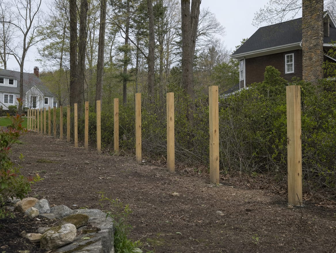 A residential fence installation in progress with newly set posts in Lewisboro, NY