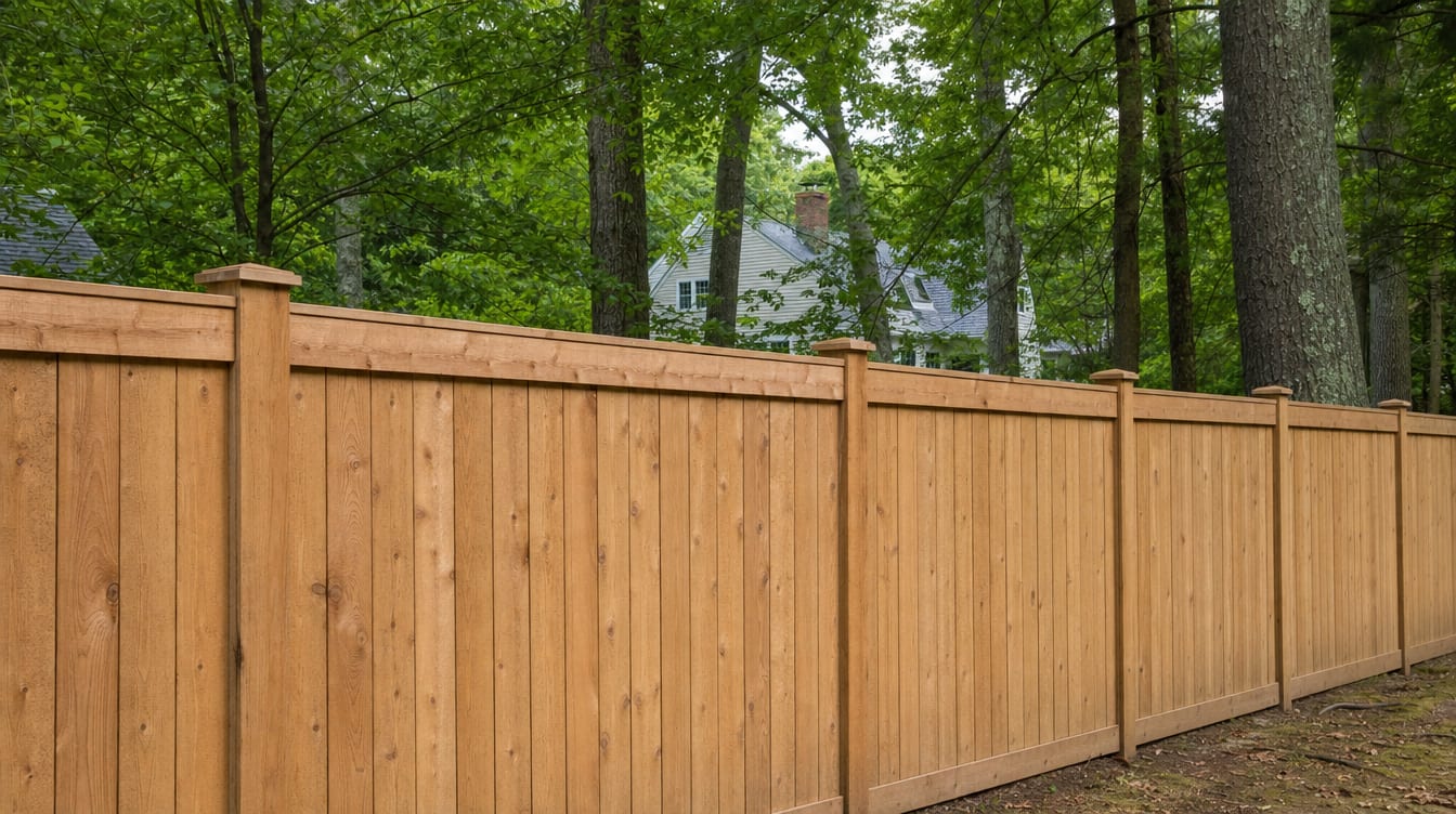 A close view of the top of a finished full six foot tall wood privacy fence with a clean flat post cap, the fence continuing along the property line out of frame in Lewisboro, NY
