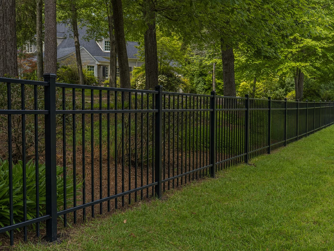 A black aluminum ornamental fence running along a front property line in Litchfield, CT