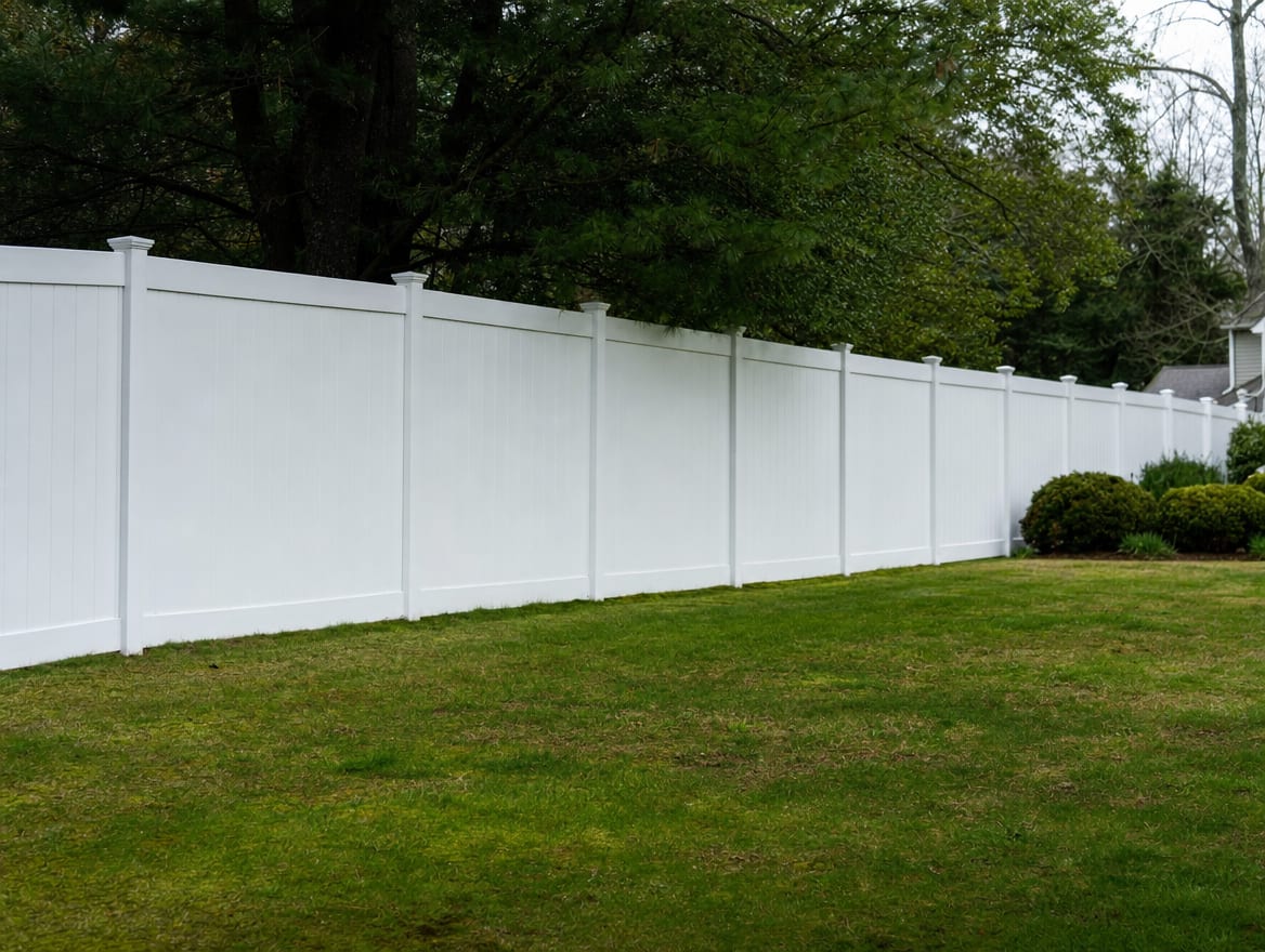 A full six foot tall white vinyl privacy fence running along a backyard property line in Litchfield, CT