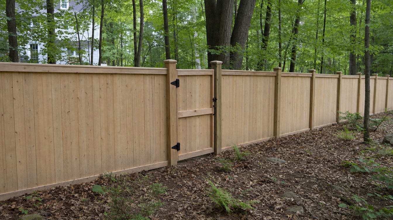 A full six foot tall wood privacy fence with a matching gate set into the run in Litchfield, CT