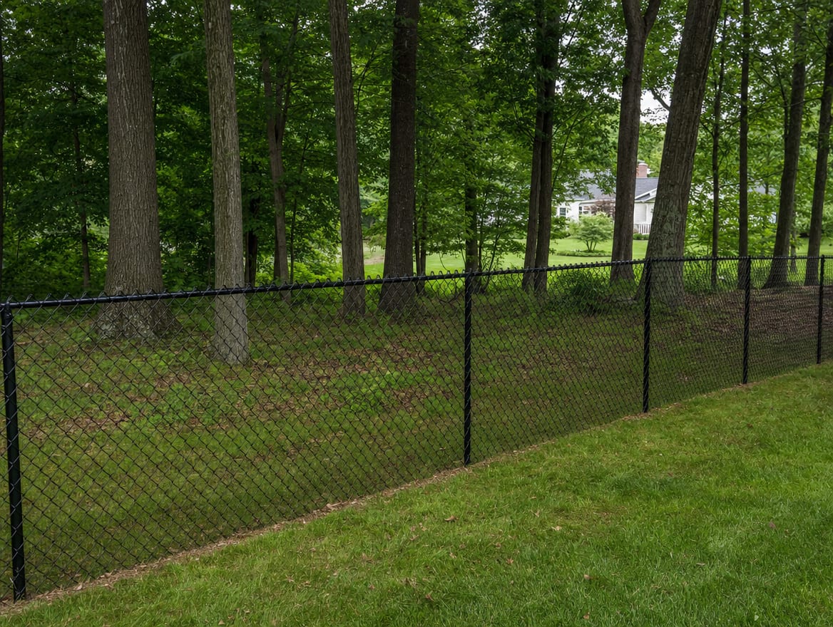 A black chain link fence running along a rear property line of a backyard in Litchfield, CT