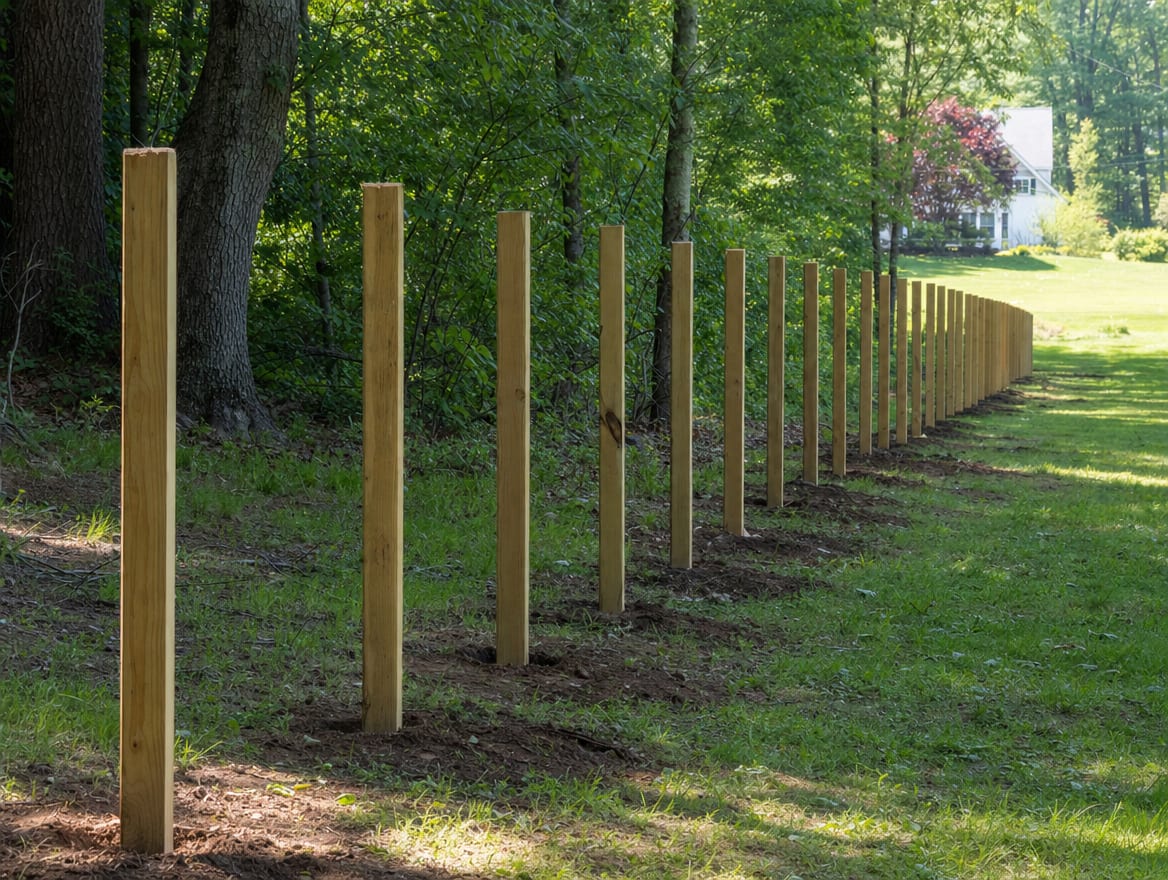 A residential fence installation in progress with newly set posts in Litchfield, CT