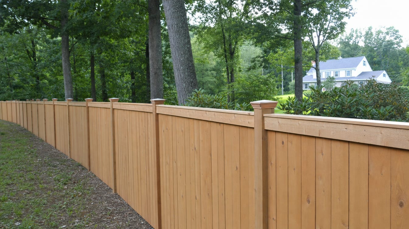 A close view of the top of a finished full six foot tall wood privacy fence with a clean flat post cap, the fence continuing along the property line out of frame in Litchfield, CT