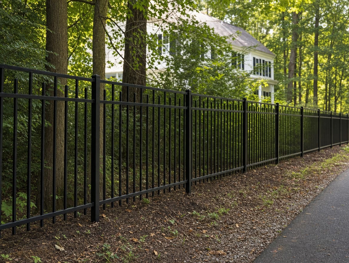 A black aluminum ornamental fence running along a front property line in Meriden, CT