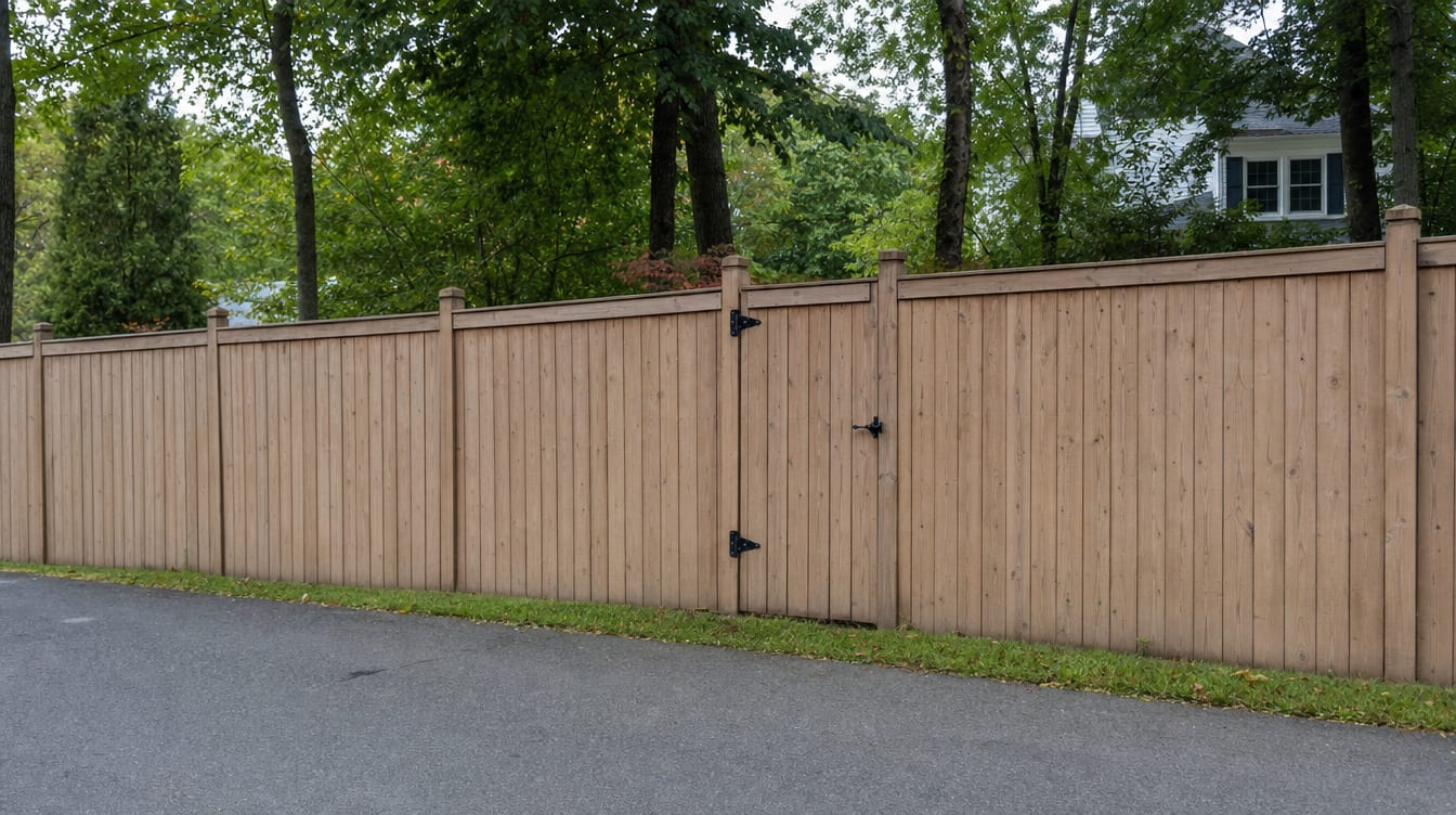 A full six foot tall wood privacy fence with a matching gate set into the run in Meriden, CT