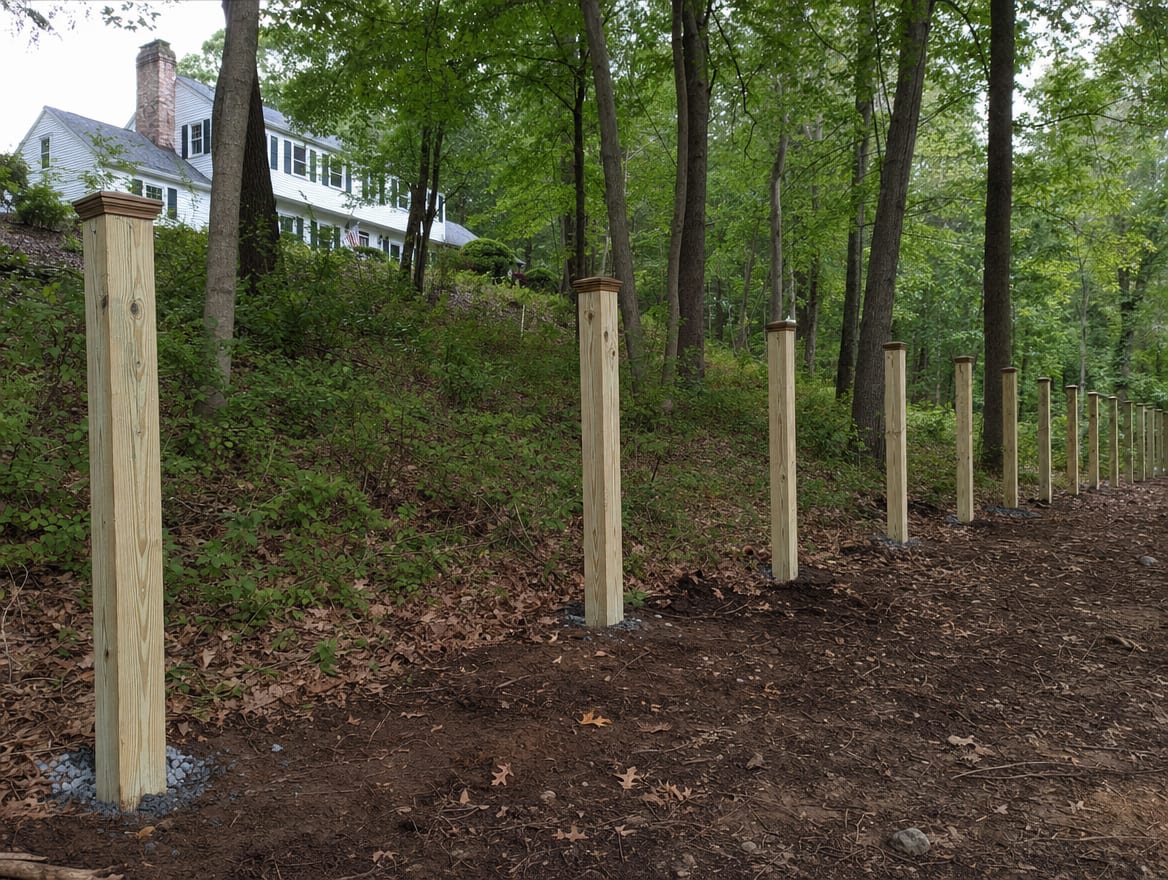 A residential fence installation in progress with newly set posts in Meriden, CT