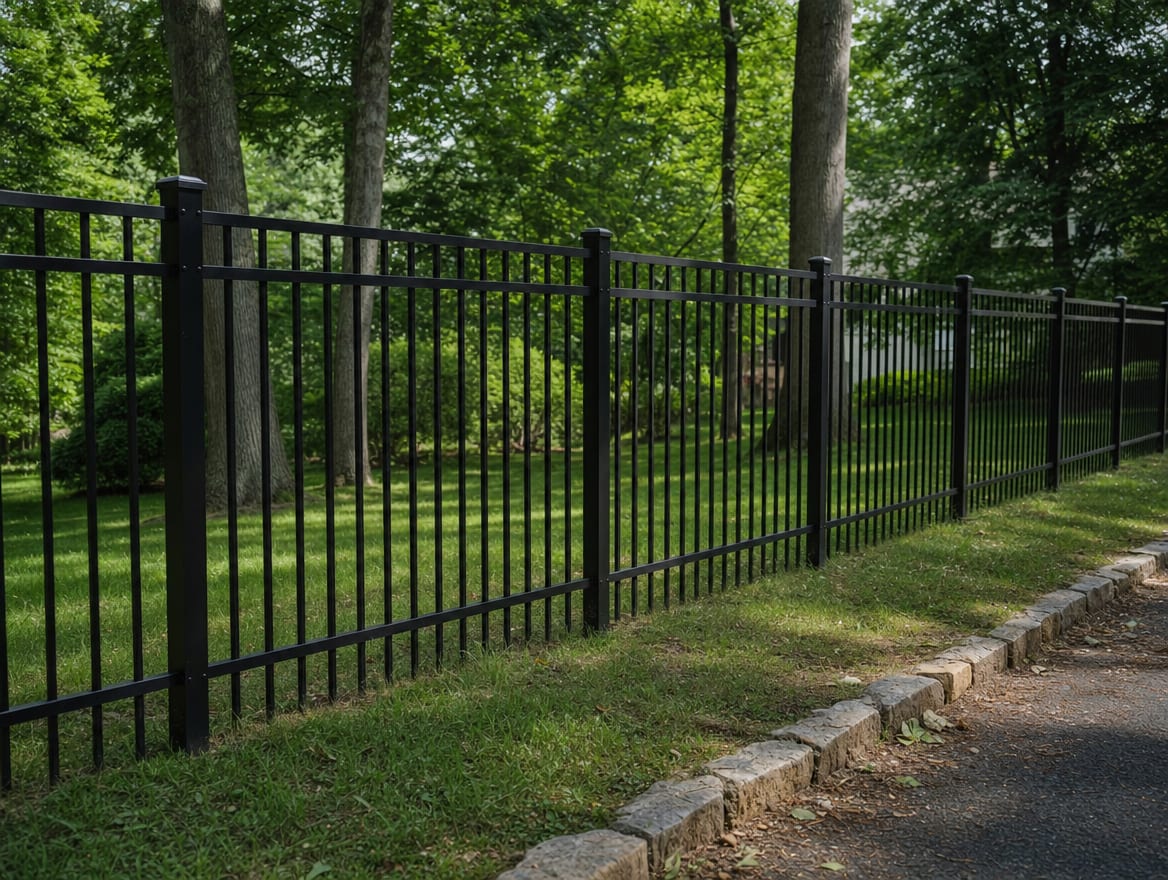 A black aluminum ornamental fence running along a front property line in Middlebury, CT