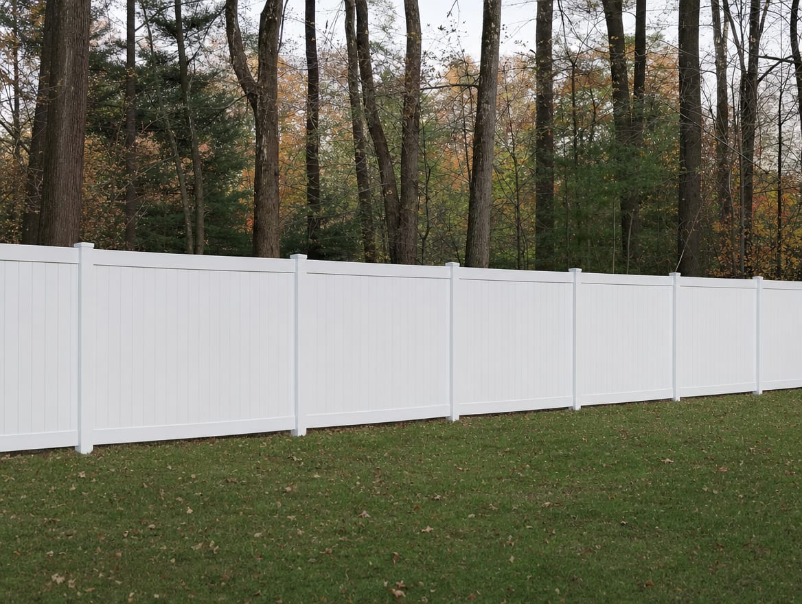 A full six foot tall white vinyl privacy fence running along a backyard property line in Middlebury, CT