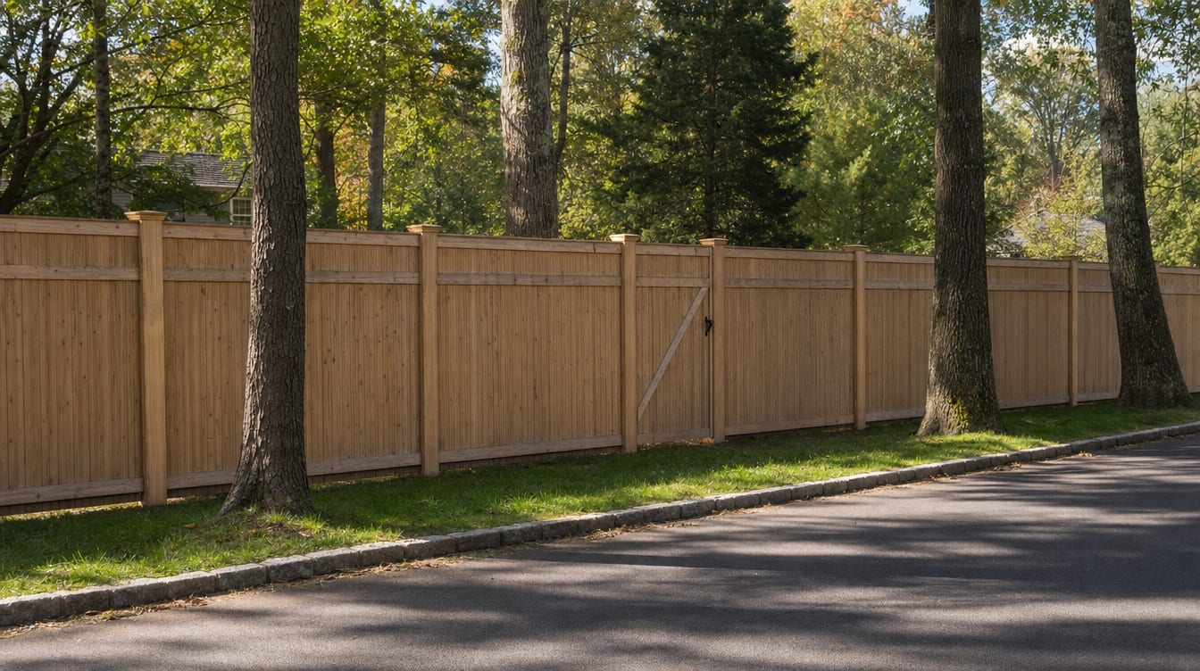 A full six foot tall wood privacy fence with a matching gate set into the run in Middlebury, CT