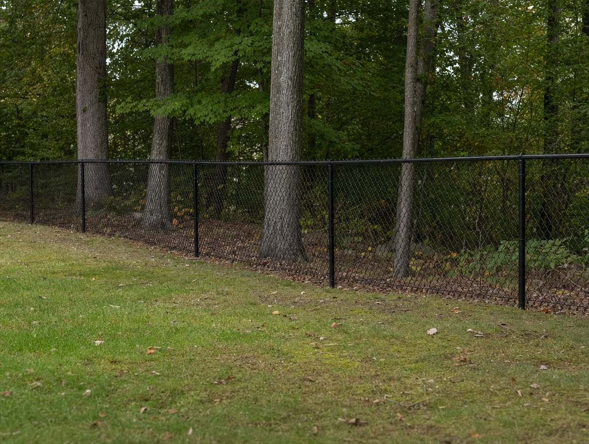 A black chain link fence running along a rear property line of a backyard in Middlebury, CT