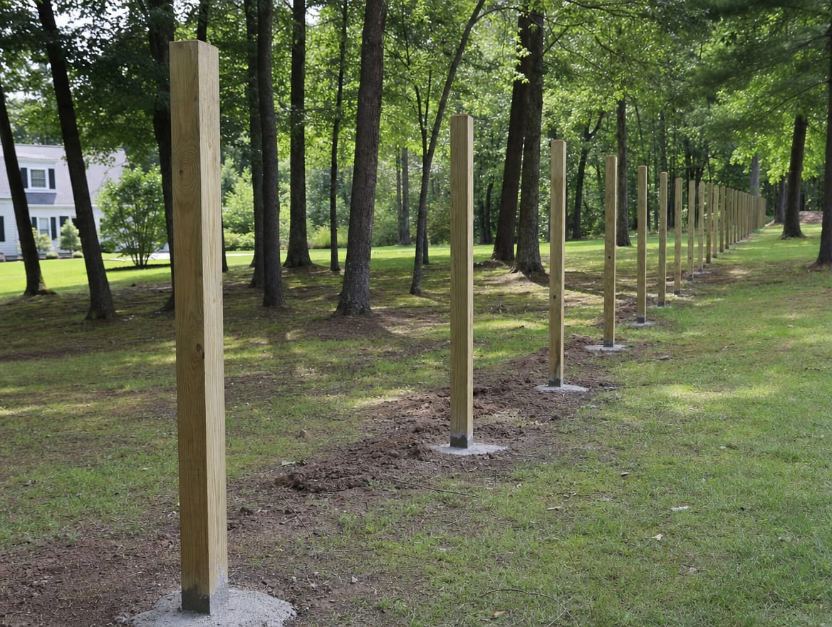 A residential fence installation in progress with newly set posts in Middlebury, CT