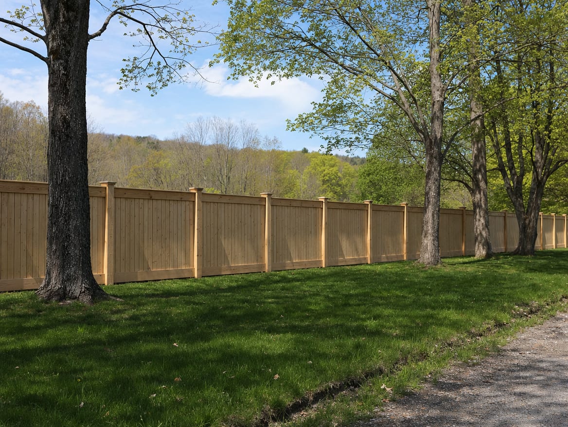 A full six foot tall wood privacy fence running along the back property line of a farmhouse yard in Millerton, NY
