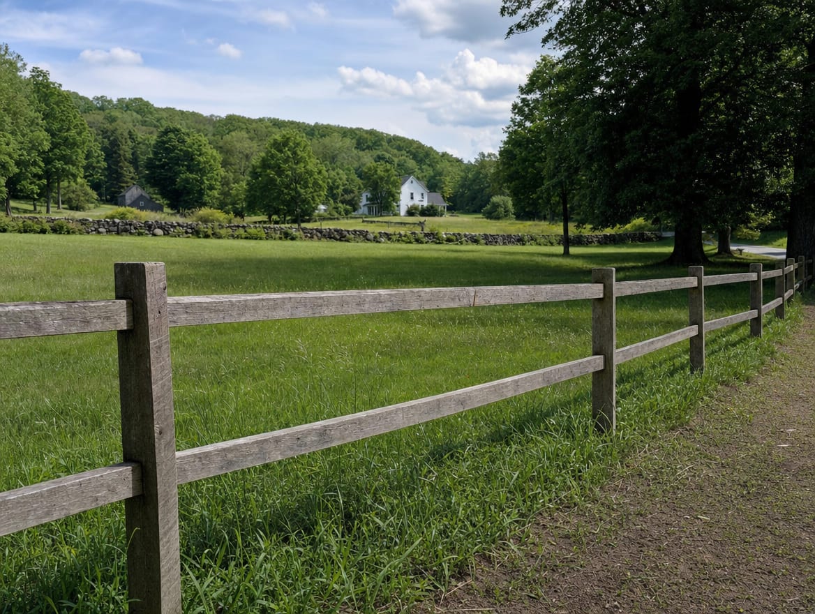 A wood split-rail or post-and-rail fence running along the edge of a field in Millerton, NY