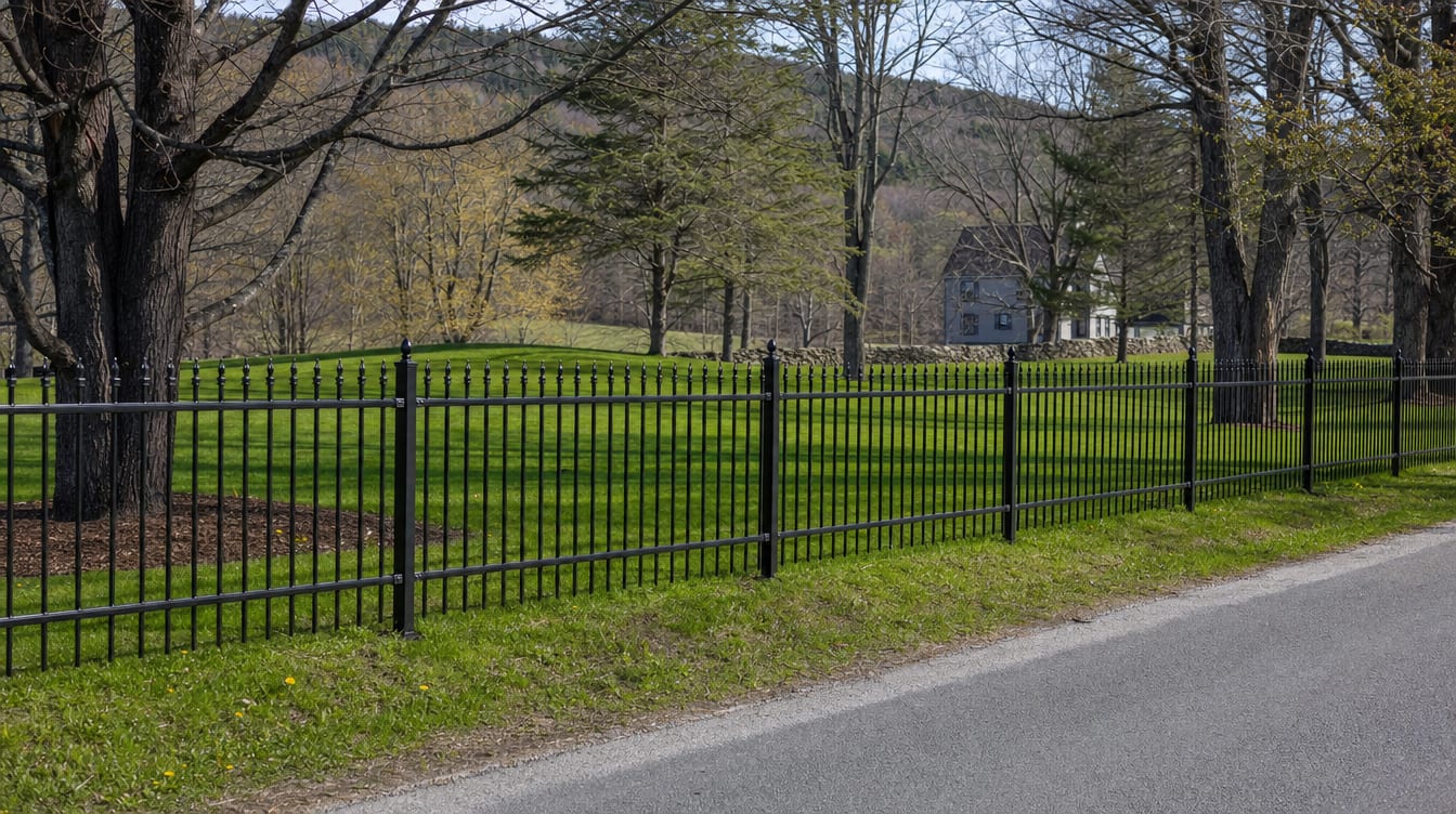 A black aluminum ornamental fence running along a front property line in Millerton, NY
