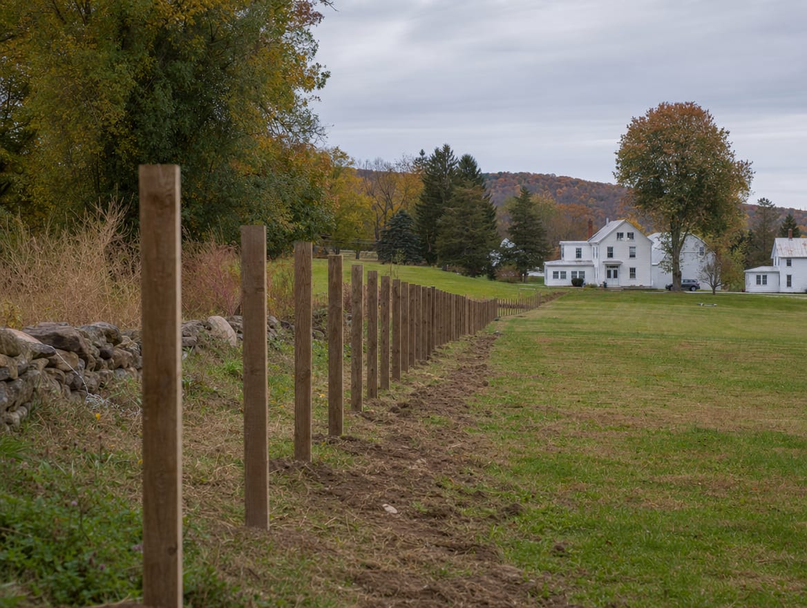 A fence installation in progress with newly set posts in Millerton, NY