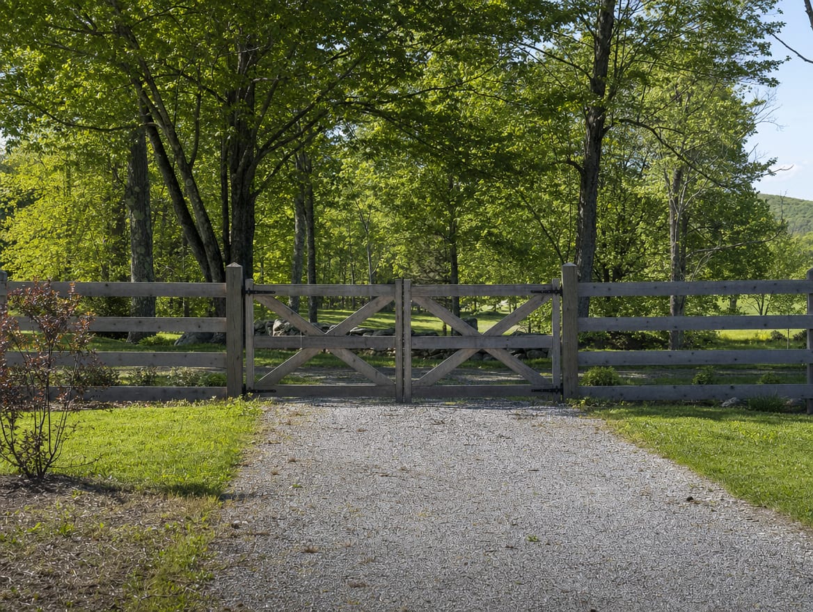 A wood driveway gate set into a fence at the entrance of a country property in Millerton, NY