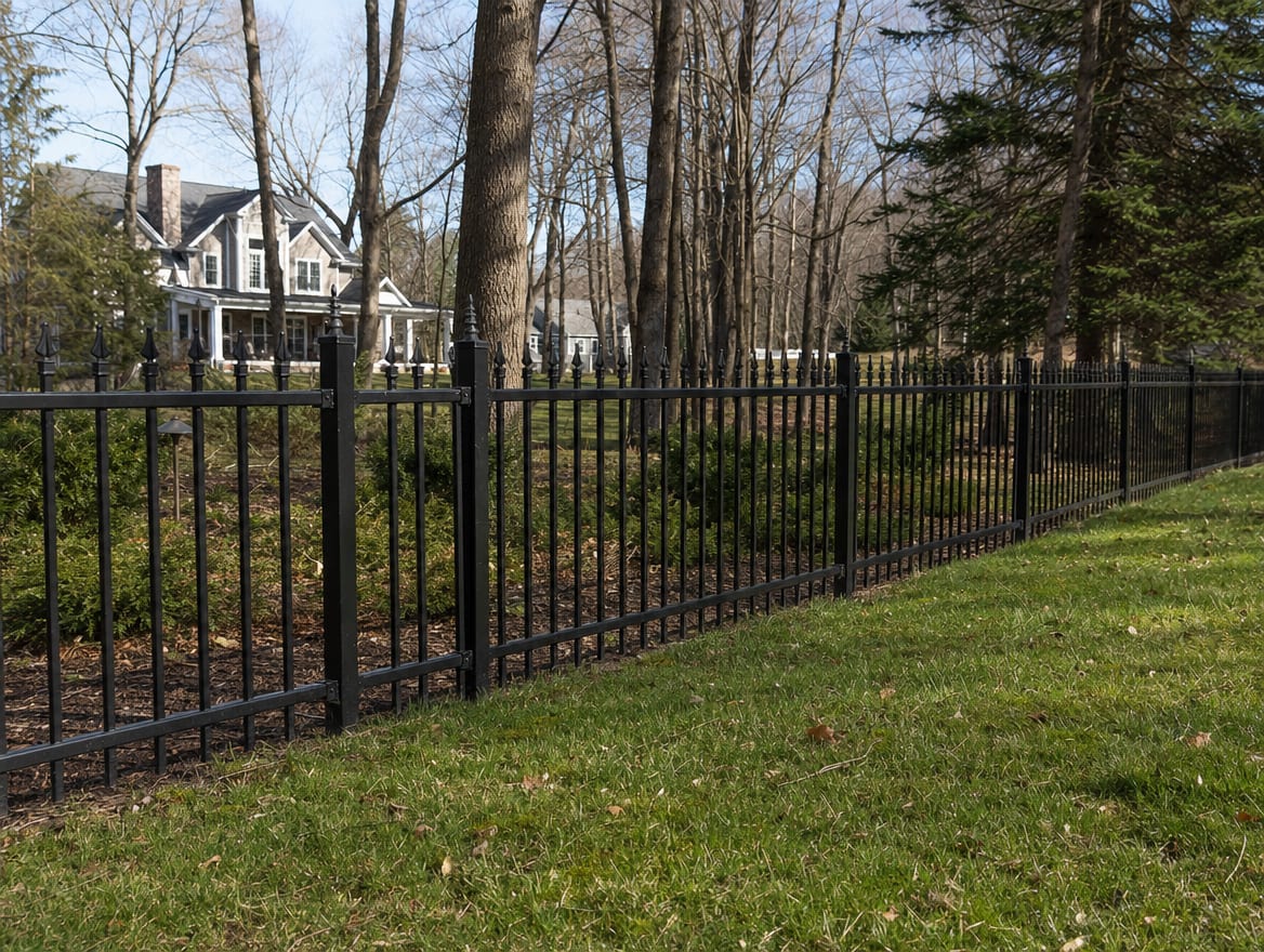 A black aluminum ornamental fence running along a front property line in Monroe, CT