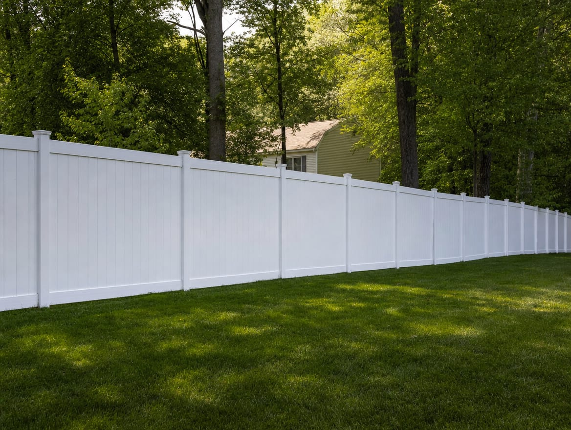 A full six foot tall white vinyl privacy fence running along a backyard property line in Monroe, CT
