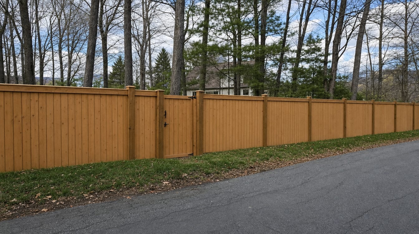 A full six foot tall wood privacy fence with a matching gate set into the run in Monroe, CT
