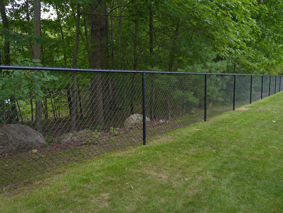 A black chain link fence running along a rear property line of a backyard in Monroe, CT