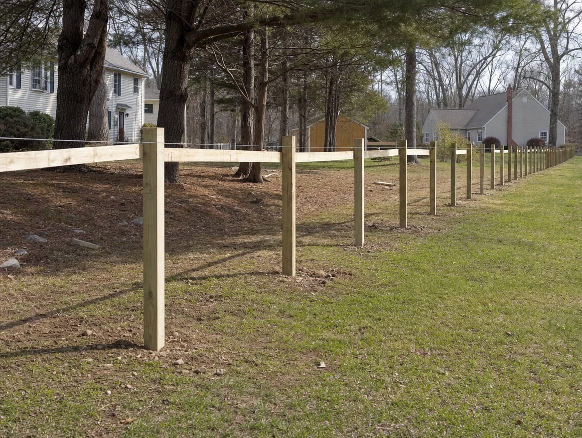 A residential fence installation in progress with newly set posts in Monroe, CT
