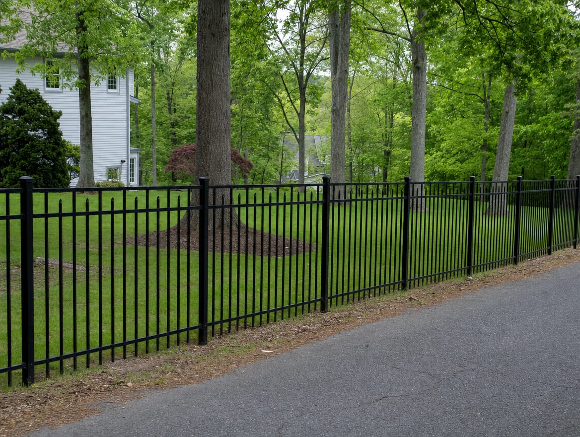 A black aluminum ornamental fence running along a front property line in Naugatuck, CT