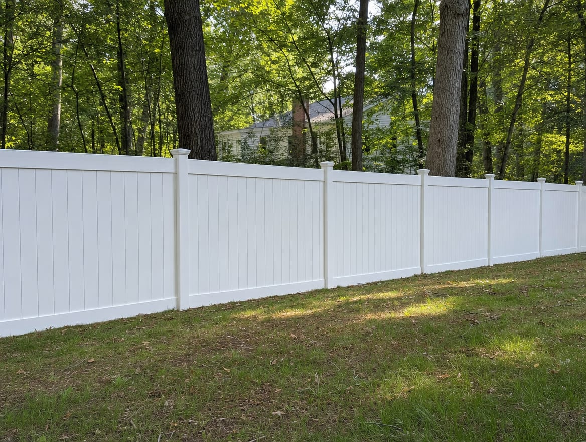 A full six foot tall white vinyl privacy fence running along a backyard property line in Naugatuck, CT