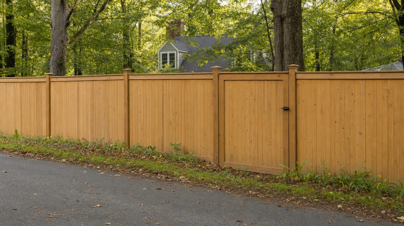 A full six foot tall wood privacy fence with a matching gate set into the run in Naugatuck, CT