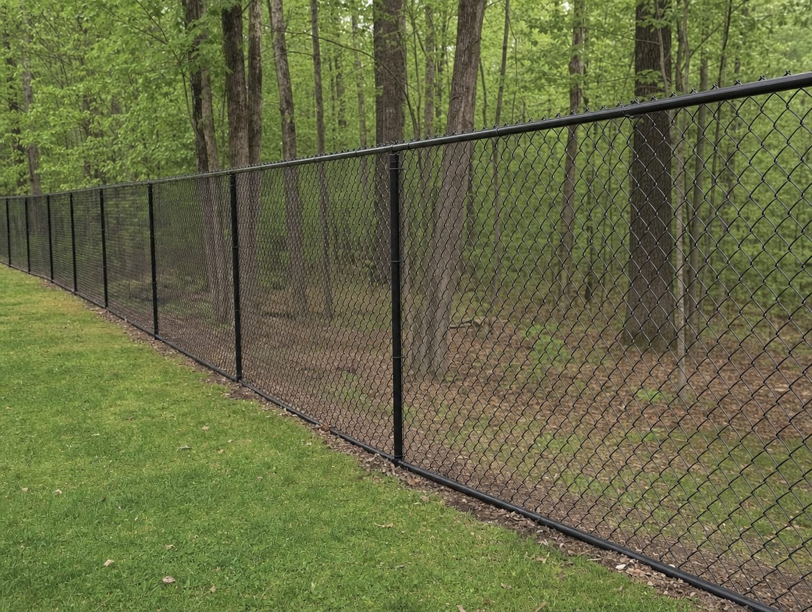 A black chain link fence running along a rear property line of a backyard in Naugatuck, CT