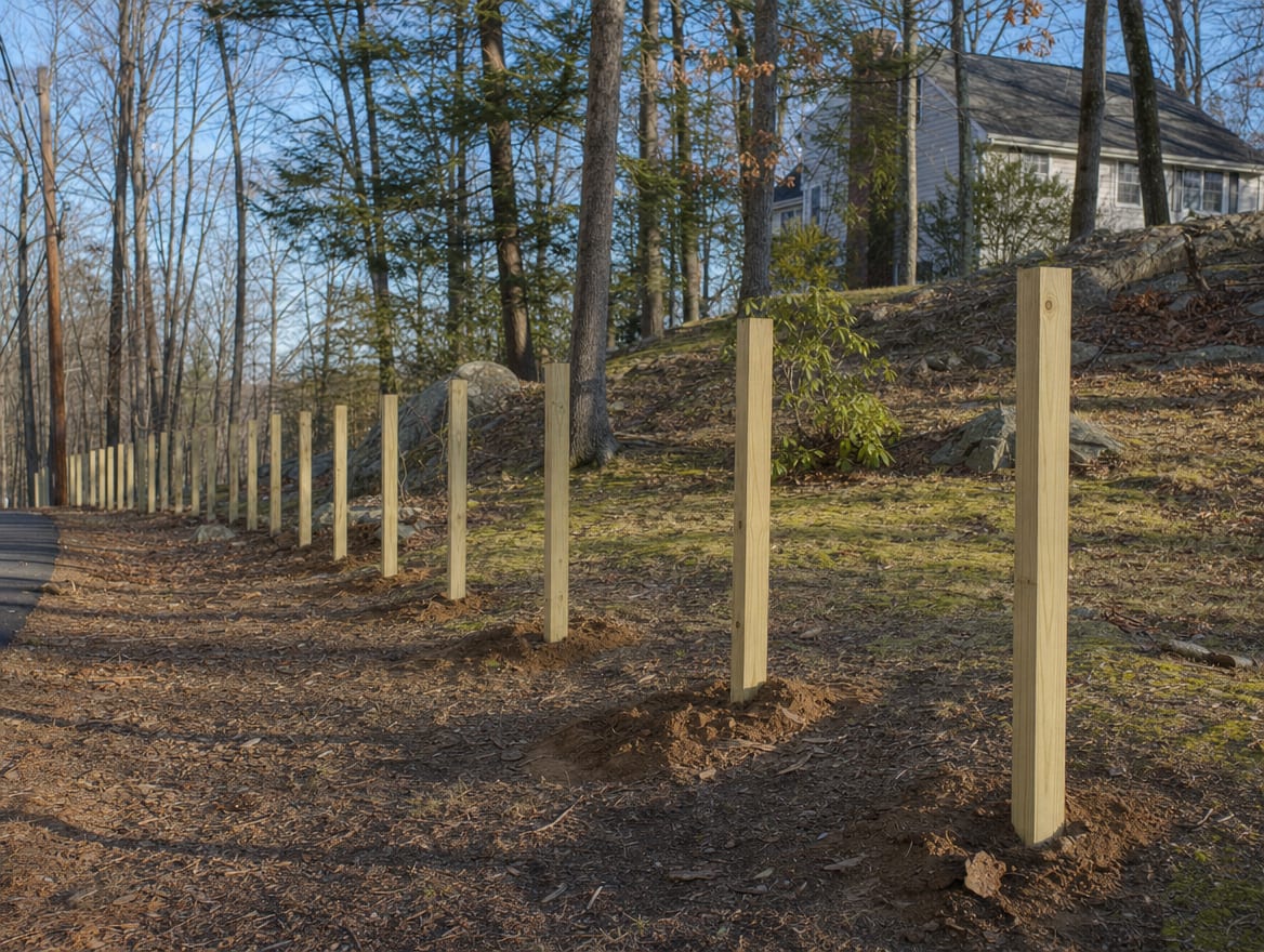 A residential fence installation in progress with newly set posts in Naugatuck, CT