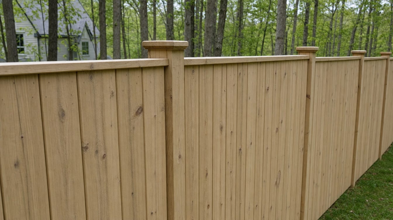 A close view of the top of a finished full six foot tall wood privacy fence with a clean flat post cap, the fence continuing along the property line out of frame in Naugatuck, CT