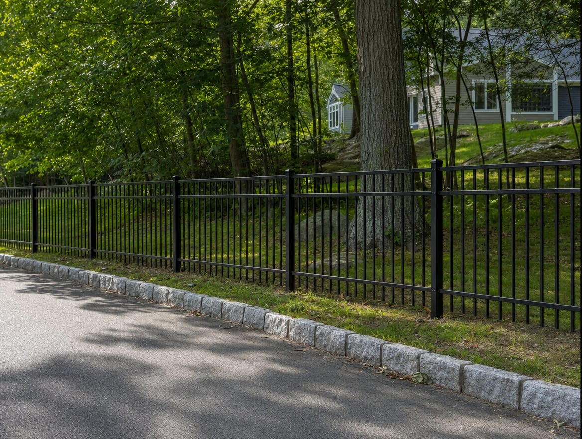 A black aluminum ornamental fence running along a front property line in New Fairfield, CT
