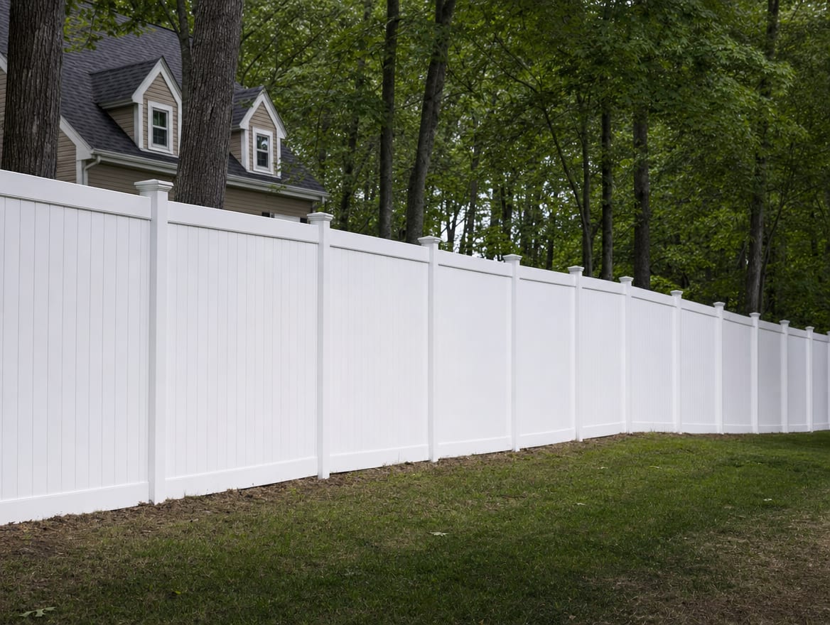 A full six foot tall white vinyl privacy fence running along a backyard property line in New Fairfield, CT