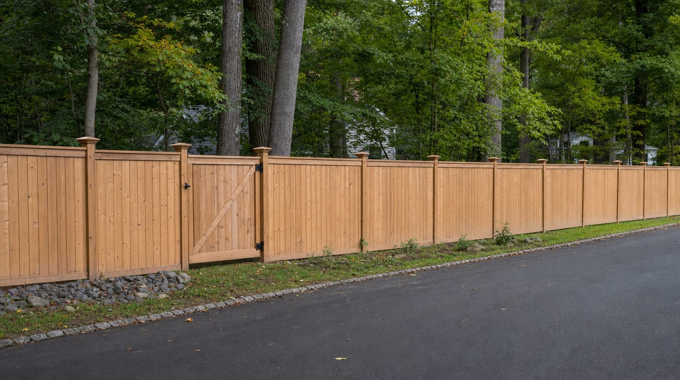 A full six foot tall wood privacy fence with a matching gate set into the run in New Fairfield, CT