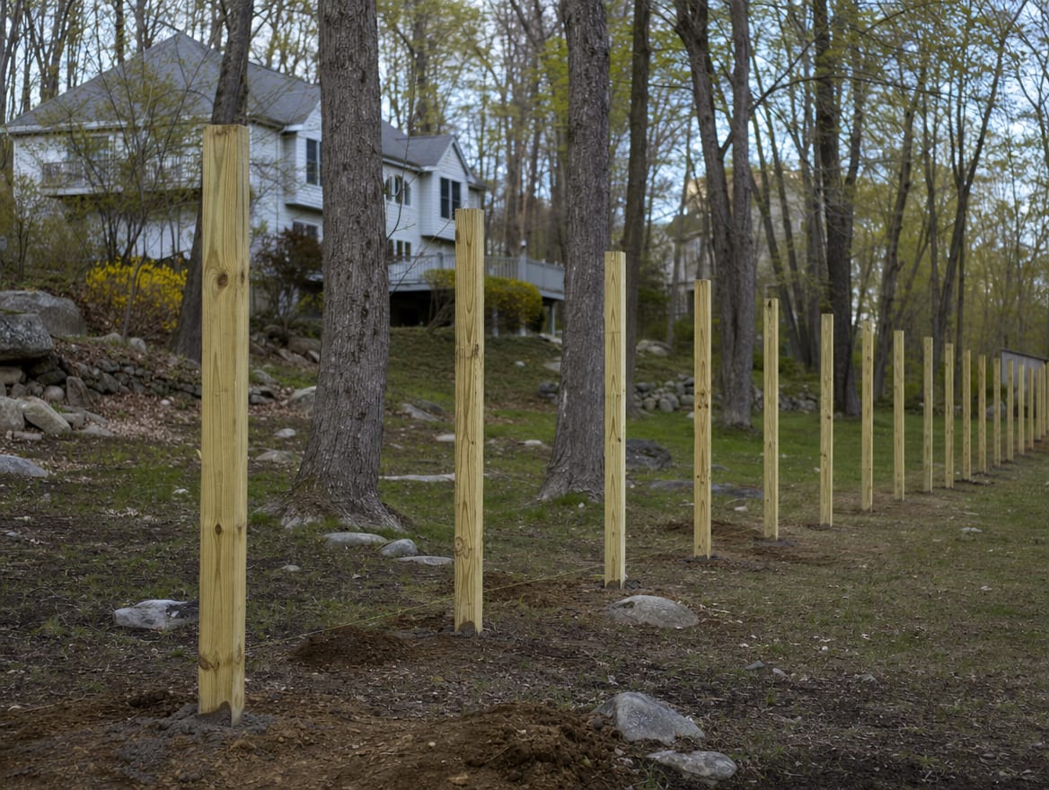 A residential fence installation in progress with newly set posts in New Fairfield, CT