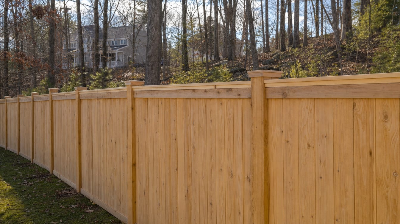 A close view of the top of a finished full six foot tall wood privacy fence with a clean flat post cap, the fence continuing along the property line out of frame in New Fairfield, CT