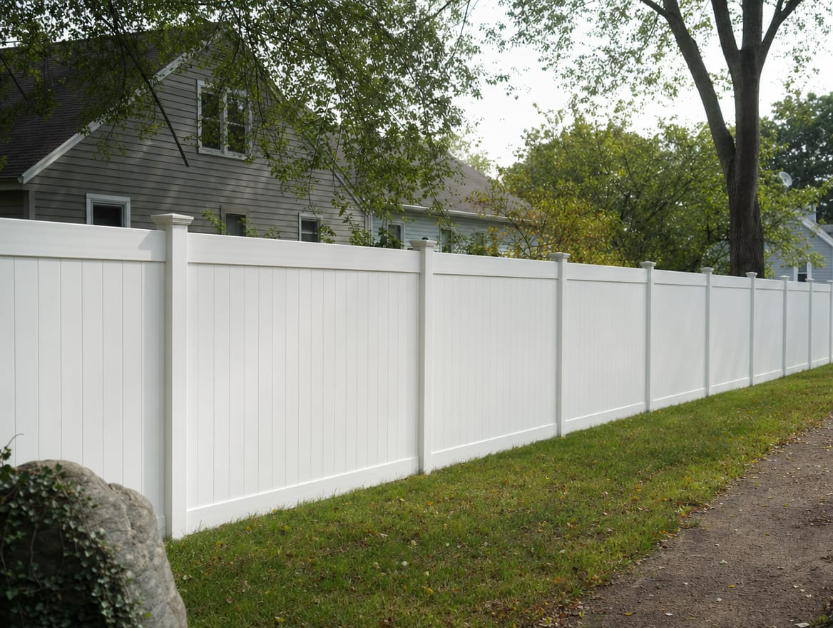 A full six foot tall white vinyl privacy fence running along the side property line of a narrow lot in New Haven, CT