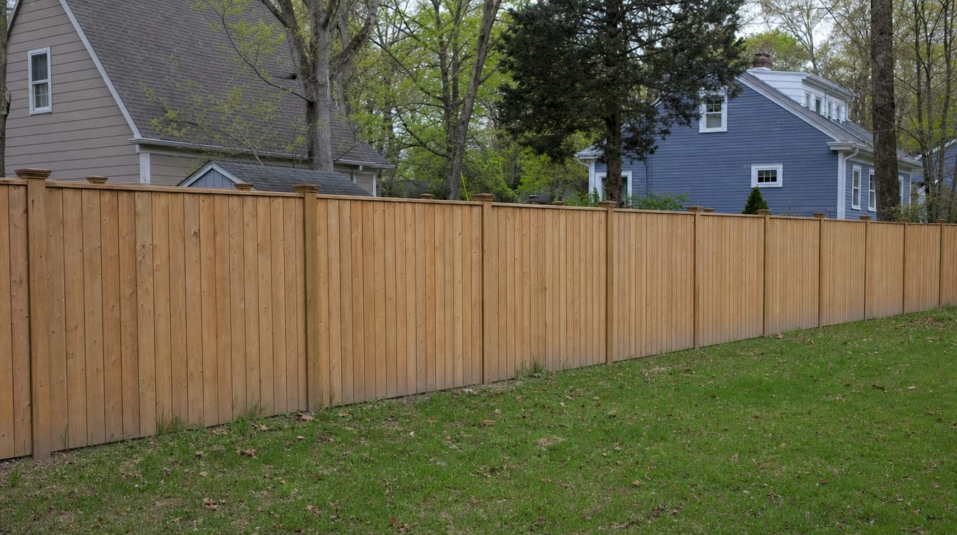 A full six foot tall wood privacy fence running along the property line between two closely spaced homes in New Haven, CT