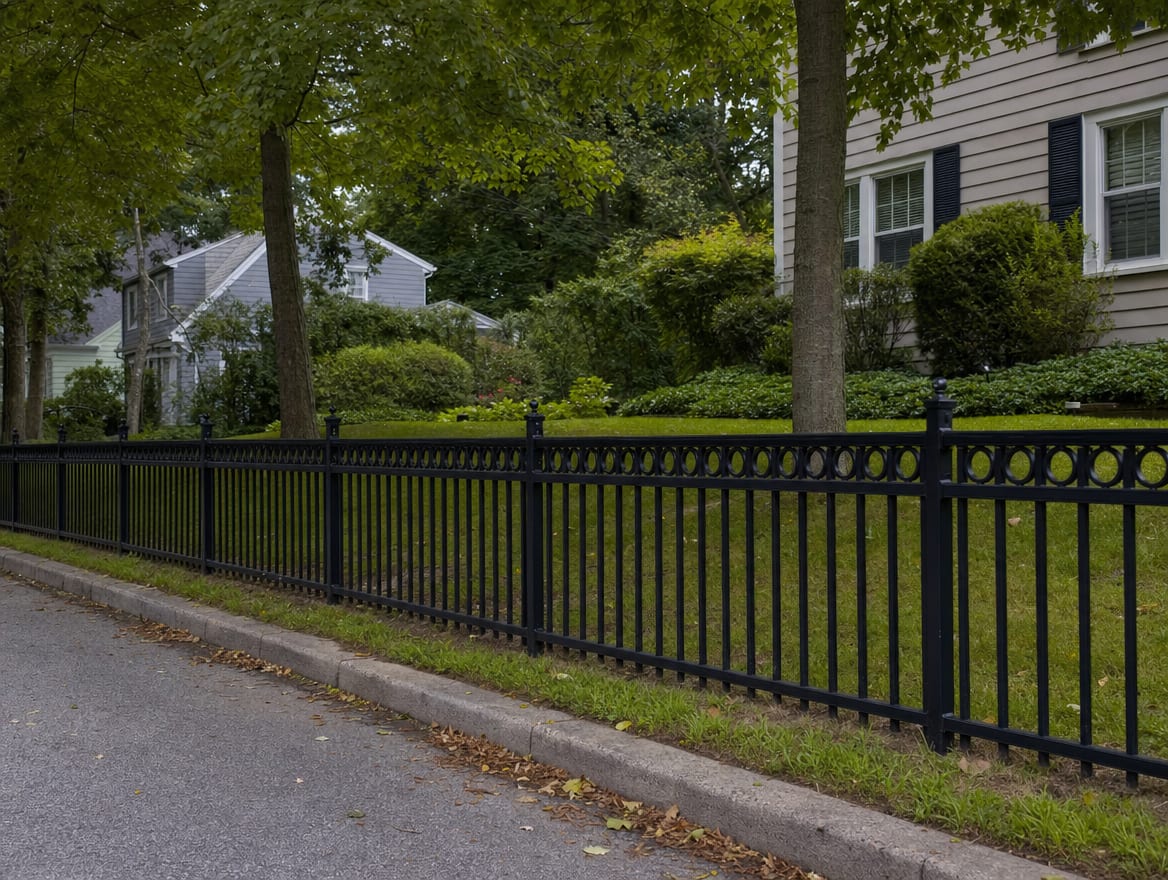 A black aluminum ornamental fence running along a front property line in New Haven, CT