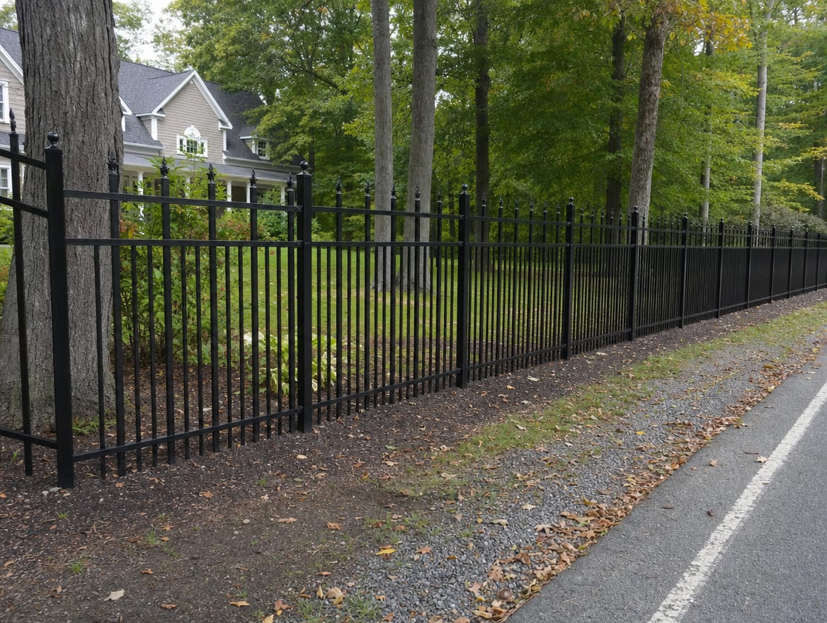 A black aluminum ornamental fence running along a front property line in New Milford, CT