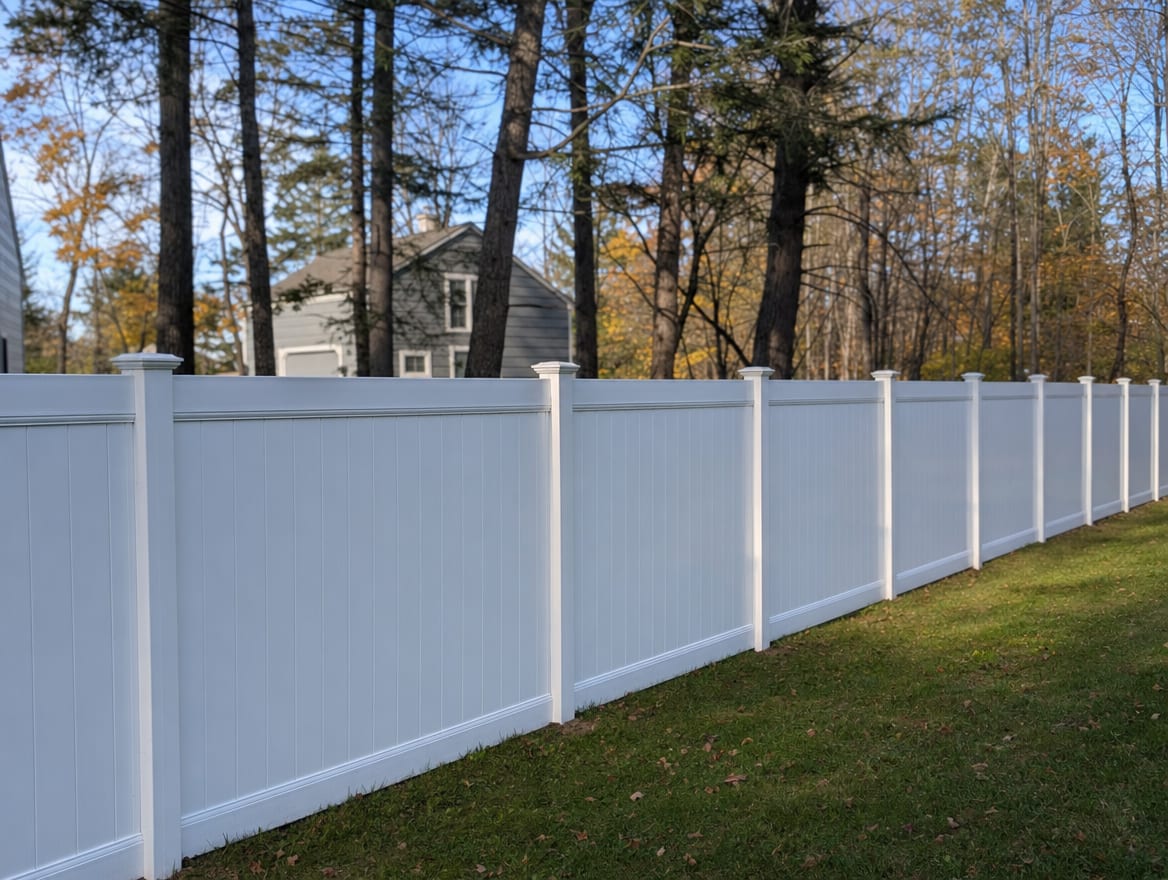 A full six foot tall white vinyl privacy fence running along a backyard property line in New Milford, CT