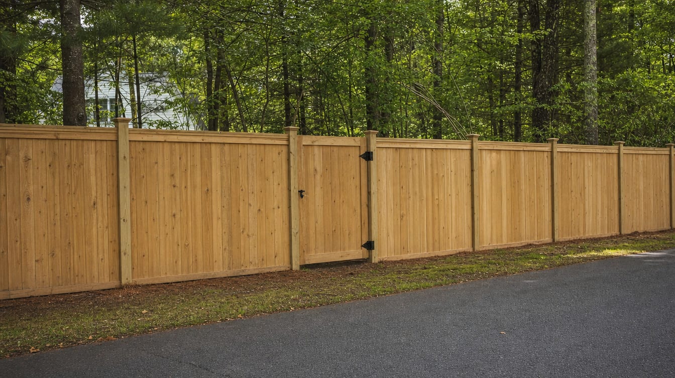 A full six foot tall wood privacy fence with a matching gate set into the run in New Milford, CT
