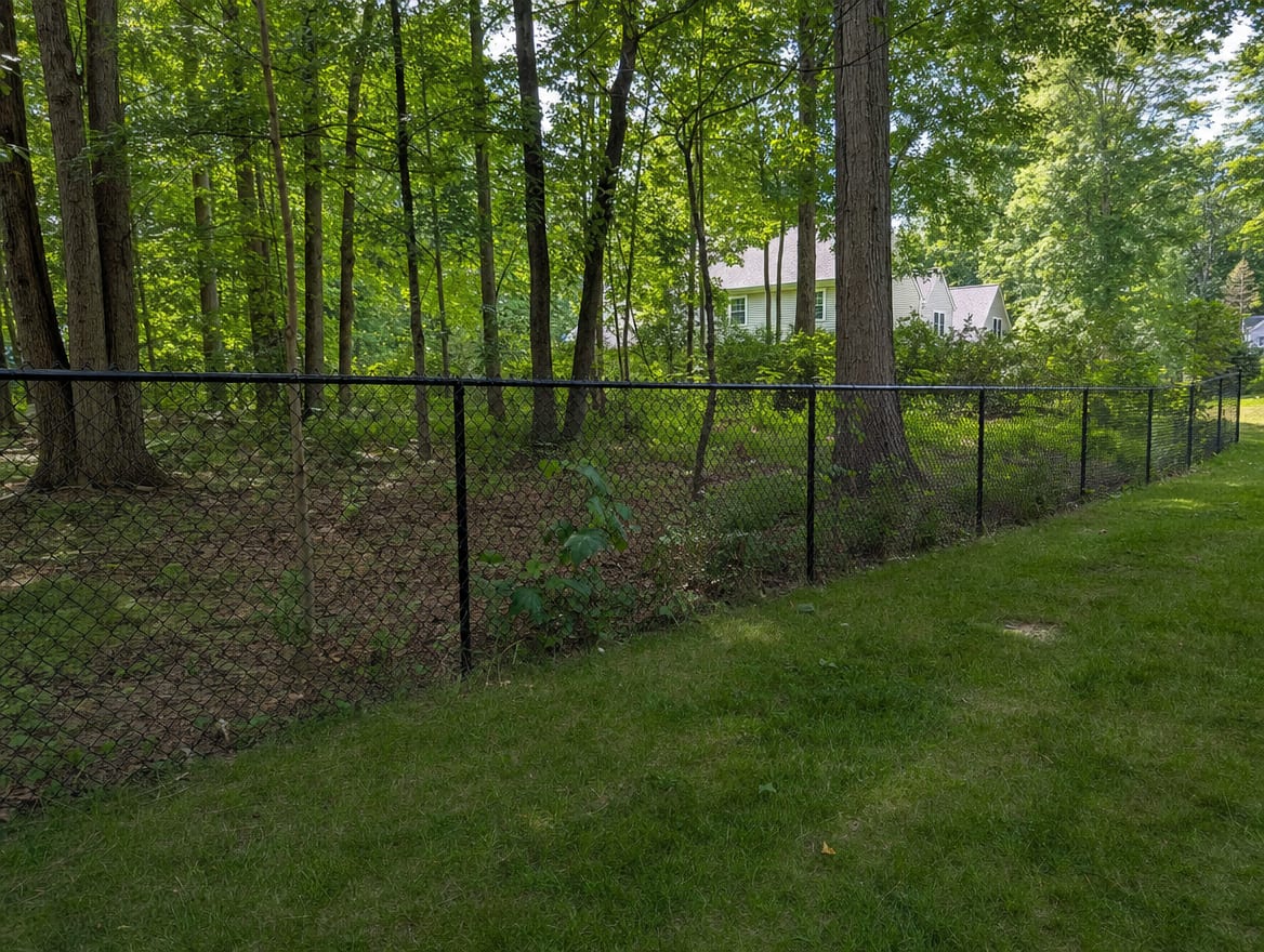A black chain link fence running along a rear property line of a backyard in New Milford, CT