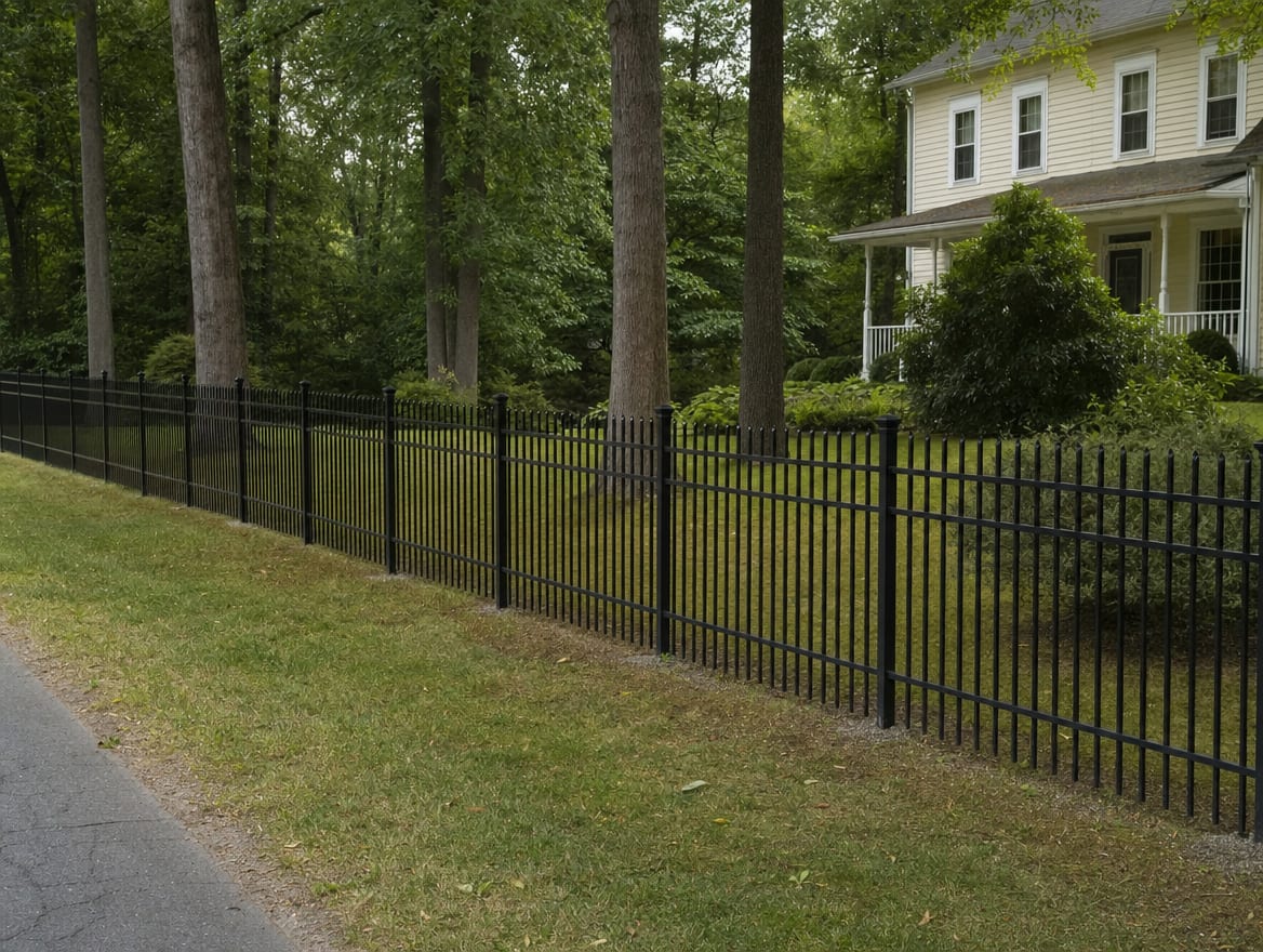 A black aluminum ornamental fence running along a front property line in Newtown, CT