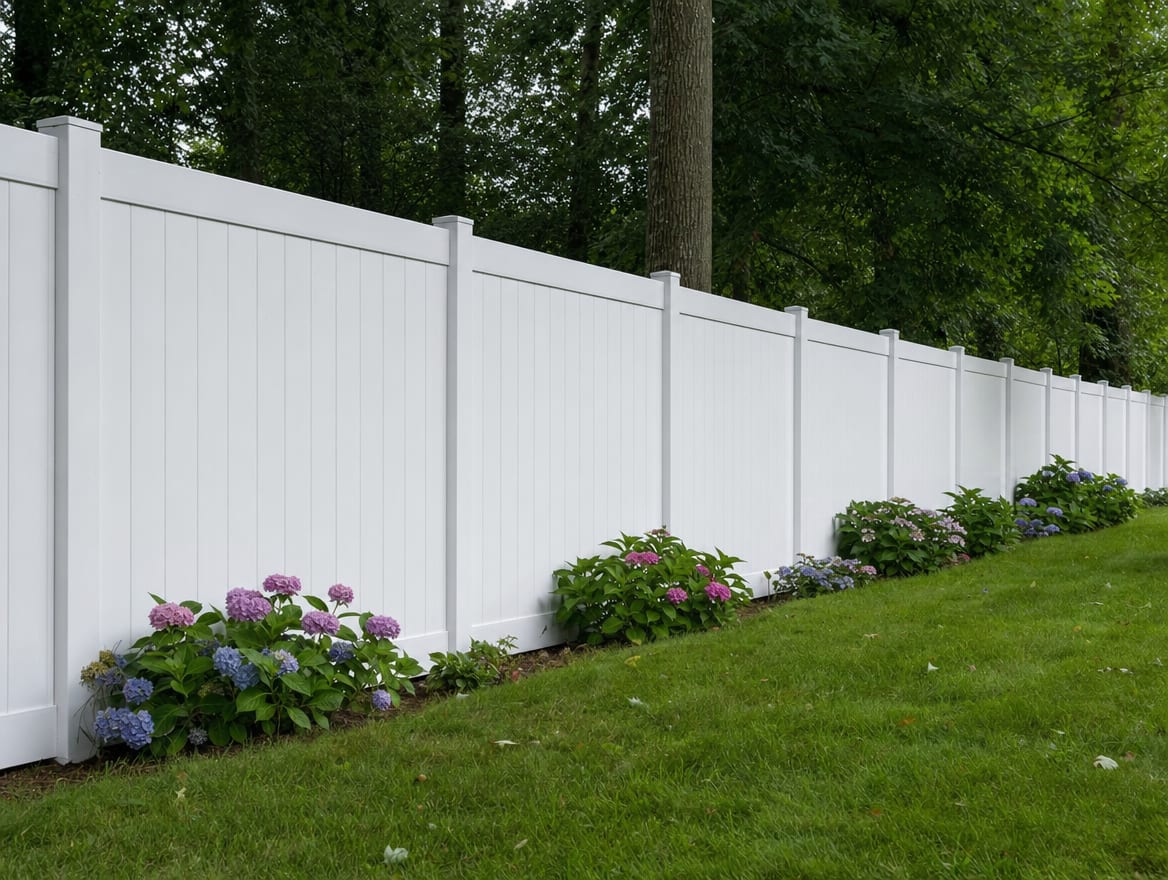 A full six foot tall white vinyl privacy fence running along a backyard property line in Newtown, CT