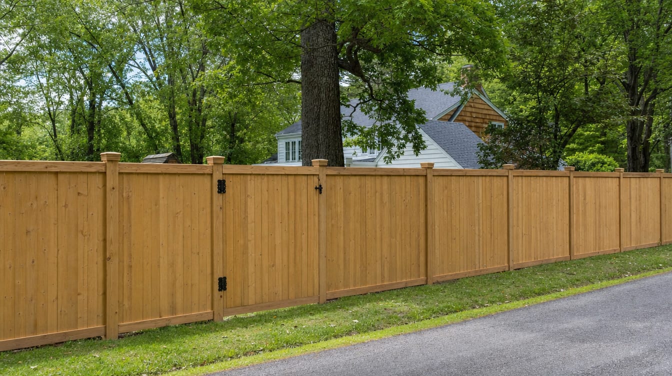 A full six foot tall wood privacy fence with a matching gate set into the run in Newtown, CT