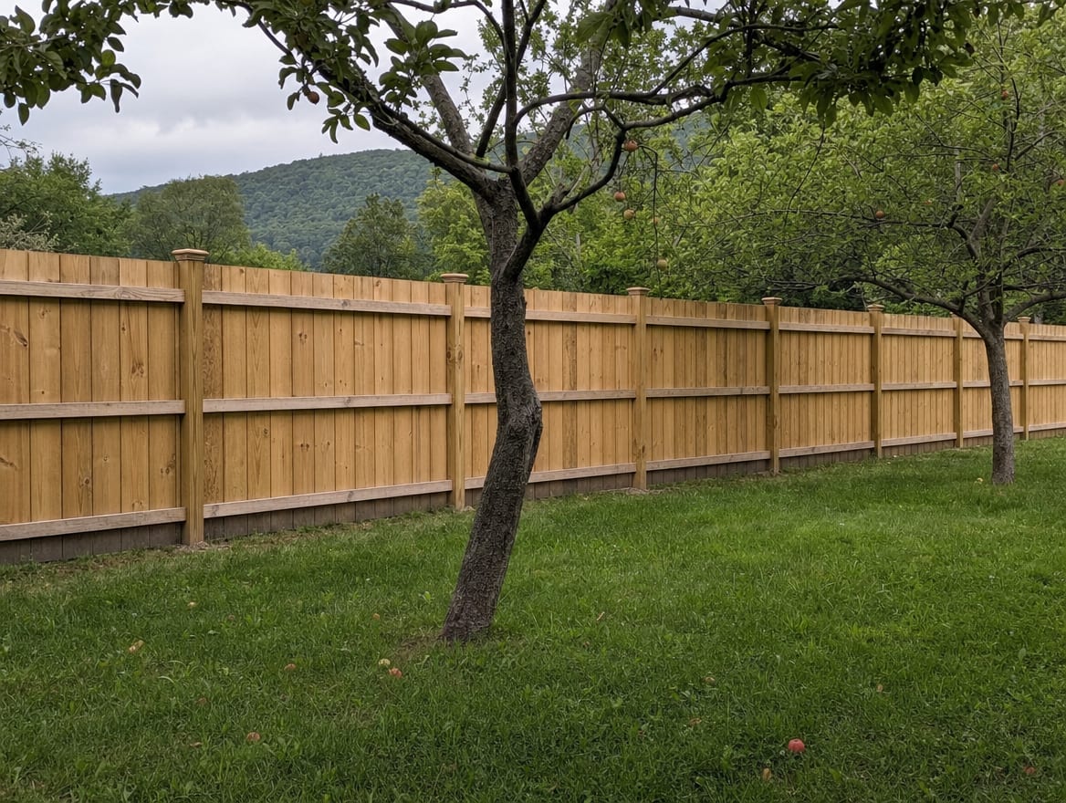 A full six foot tall wood privacy fence running along the back property line of a farmhouse yard in North Salem, NY